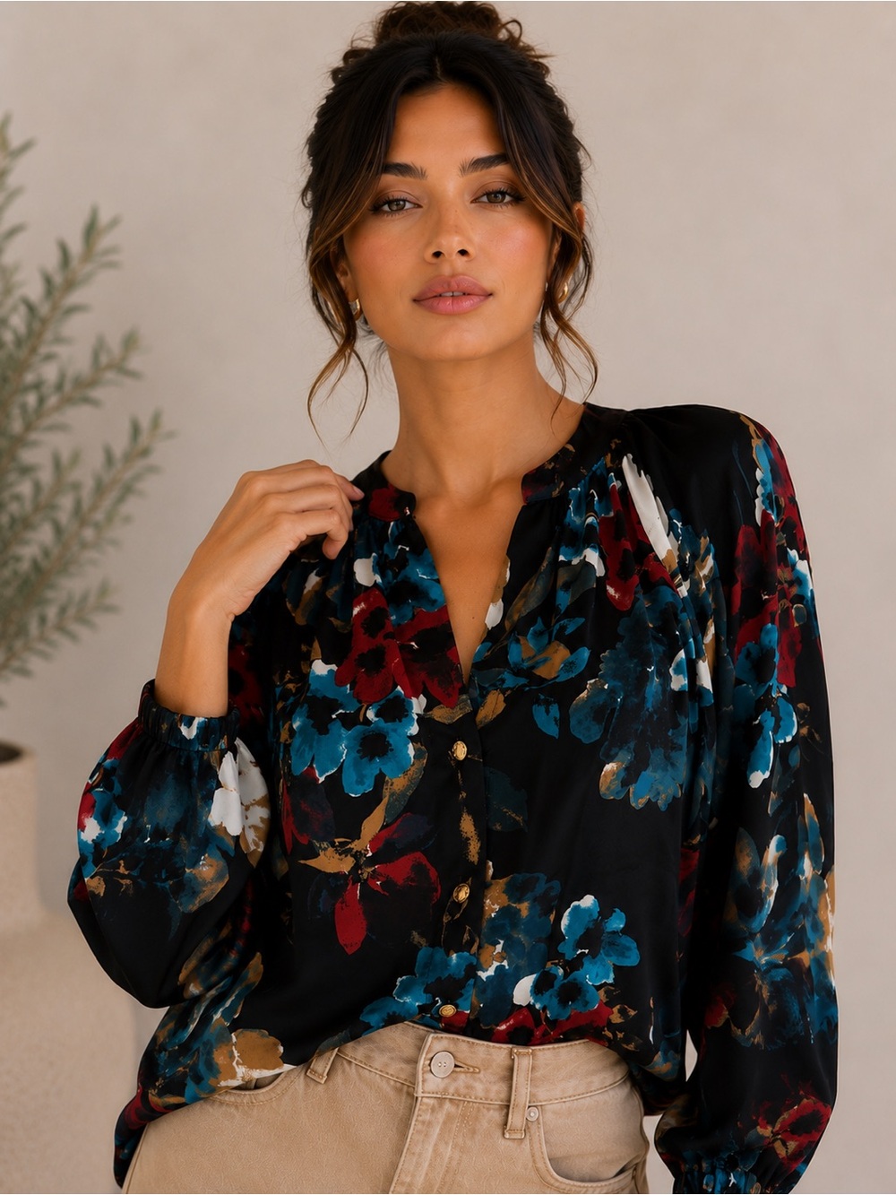 Anne Klein Black Floral V-Neck Satin Blouse